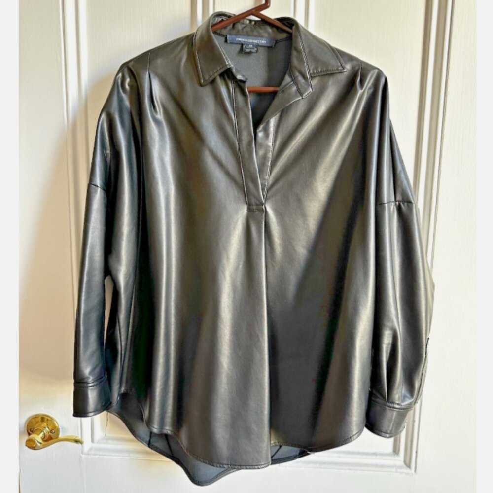 French Connection Oversized Black Leather Shirt Crolenda V-Neck Collar Size XS